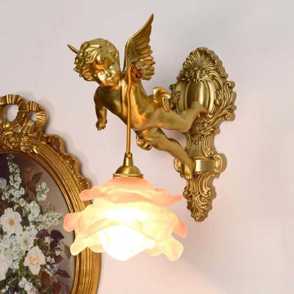 Applique Français De Luxe Tout Cuivre Salon Fond Cristal Ange Américain Rétro Étude Chambre