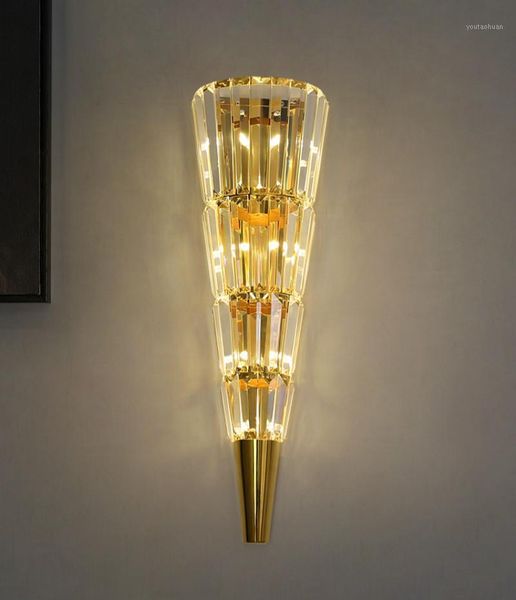 Lámpara de pared Gold Postmodern El Light Accesorios de lujo Crystal Lobby Villa Club Hall Arte Deco LED Mirror Sconce1