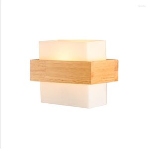 Applique Intérieur Créatif Carré Led Salon Chambre Simple En Bois Art Chevet Chêne Bois Massif Verre