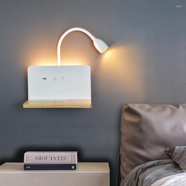 Applique murale d'intérieur LED avec Interface USB et chargement sans fil, moderne, rotative à 360 °, interrupteur lumineux, veilleuse de chevet