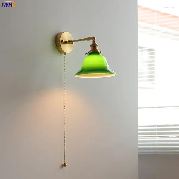 Lampe murale iwhd bras réglable Copper LED Light Sconce Pull Chain Interrupteur en verre vert chambre miroir escalier nordique moderne Wandlamp