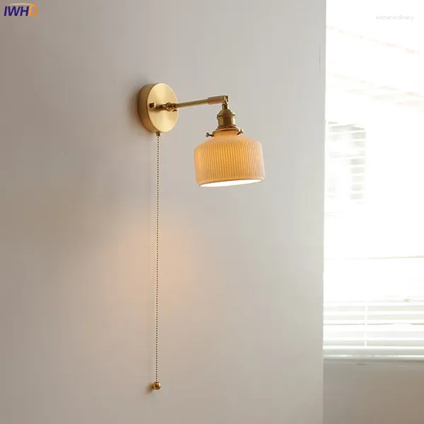 Lámpara de pared IWHD Cerámico Nordic Copper LED al lado del interruptor de la cadena de extracción hacia abajo hacia abajo de la luz del espejo de baño ajustable