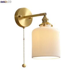 Lámpara de pared IWHD Lámparas de pared LED de cerámica nórdica Interruptor de cadena de tracción Enchufe E14 Cobre Moderno Al lado de la lámpara Aplique Iluminación para el hogar Wandlamp