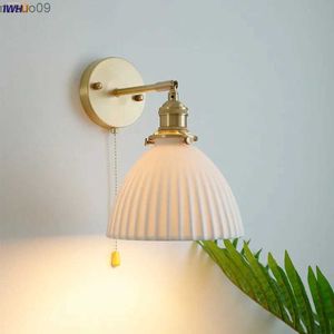 Lámpara de pared IWHD interruptor de cadena LED accesorios de iluminación de pared dormitorio sala de estar espejo de baño al lado de la lámpara aplique de pared de cerámica de cobre