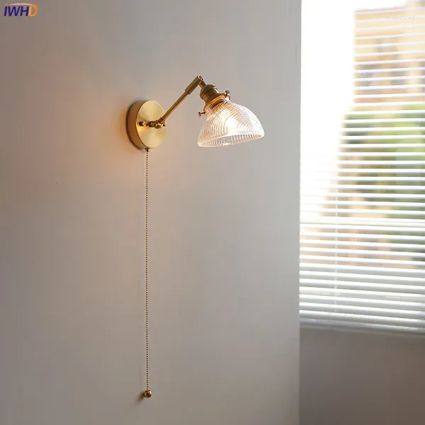 Lampe murale iwhd coque en verre transparent luminaires à LED tirez la chaîne interrupteur de cuivre arme en cuivre pour chambre de salle de bain miroir de salle de bain à côté