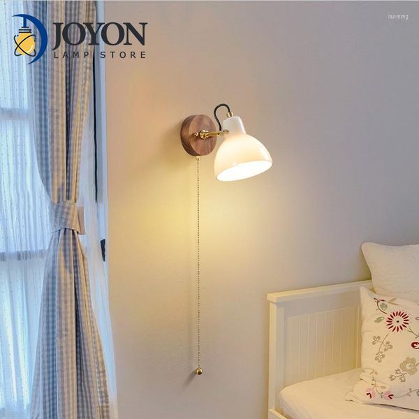 Lámpara de pared japonesa ajustable de madera maciza, pantalla de cerámica, dormitorio, luz de lectura de cabecera, luces LED Retro Vintage Fexible