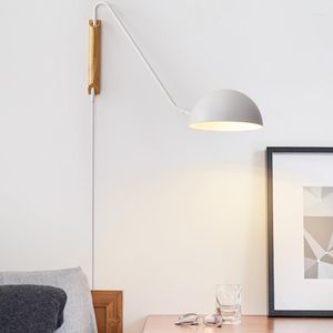 Lámpara de pared blanca japonesa con enchufe UE/EE. UU., apliques de aluminio, luces montadas en madera maciza para dormitorio, mesita de noche, estudio y lectura
