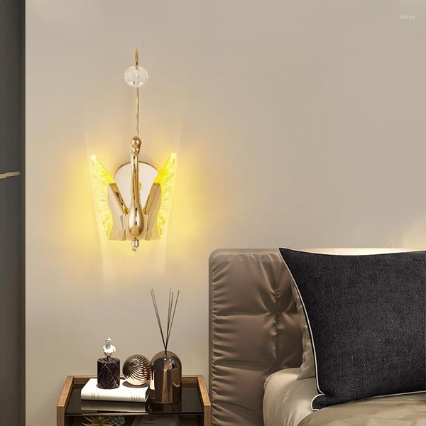 Lámpara de pared JMZM Swan Gold Crystal Mesita de noche Dormitorio Sala de estar Decoración para el hogar Iluminación interior LED