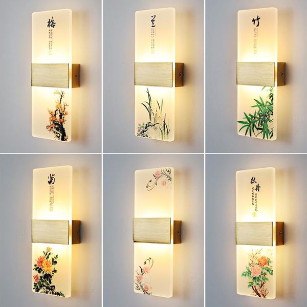 Lámpara de pared LED Luz acrílica Estilo chino Penoy Orquídea Patrón para sala de té Comedor Sala de estar Entrada simple Bar El