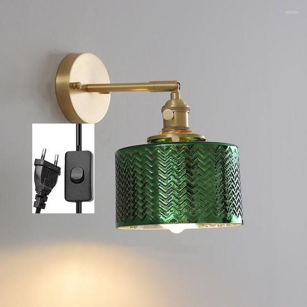 Lámpara de pared con luz LED, accesorios de cristal verde, interruptor de cadena de tracción, lámpara de pared de cobre, espejo de baño para dormitorio, moderno nórdico