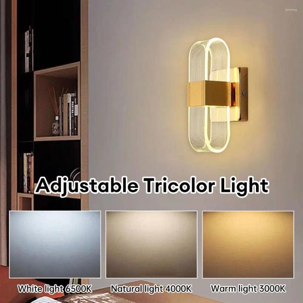 Lámpara de pared Aplique de luz LED Iluminación interior Dormitorio de tres colores ajustable Sala de estar Pasillo Mesita de noche Dorado