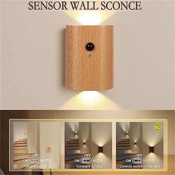 Lámparas de pared LED Moderno Motion Sensor apliques de madera recargable de madera y luces de abajo para la sala de estar del pasillo Sótano del ático