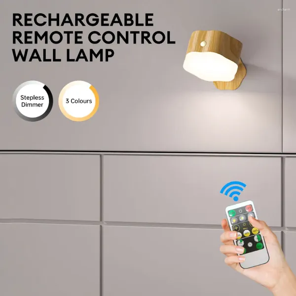 Lampe murale LED Remote Contrôle tactile 3 couleurs Lumière sans cordon Light 360 degrés rotatif au chevet pour chambre à coucher