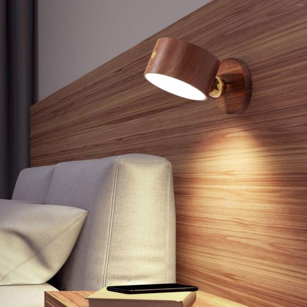 Applique murale LED Applique en bois Lumières à piles avec port de charge USB Gradation rechargeable rotative à 360 °