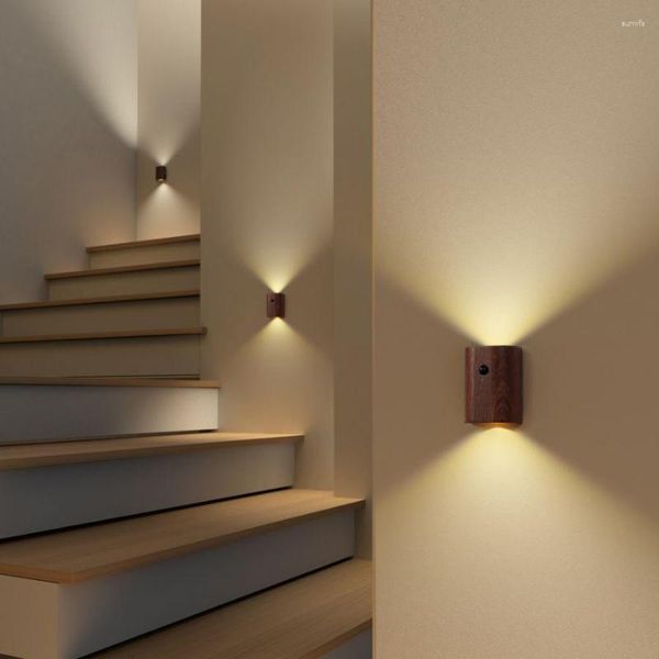 Lámpara de pared con Sensor de movimiento de madera, luces nocturnas, USB Reable, LED inalámbrico de inducción, dormitorio, cocina, pasillo, luz de escalera