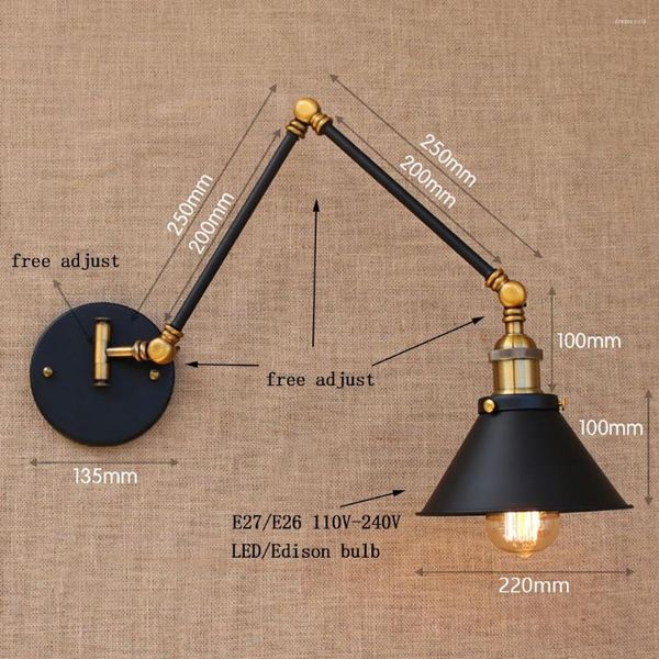 Applique Loft Noir Vintage Style Industriel Réglable Long Bras Rétro E27 Led Ampoule Lumières Pour La Maison Couloir Chambre Salon