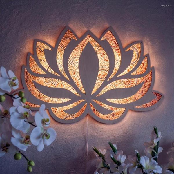 Applique Murale Mandala Yoga Chambre Lumière LED En Bois Creative Atmosphère En Forme De Lotus Salon Chambre Salle De Bains Décoration