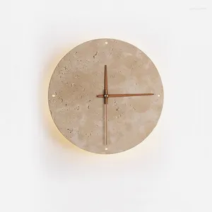 Lámpara de pared Reloj creativo moderno Sala de estar Wabi Sabi Nórdico Simple Amarillo Travertino Restaurante Pasillo Aplique circular Luz