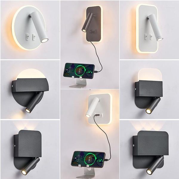 Applique murale moderne créative Port de charge USB avec double interrupteur chambre LED liseuse El chevet applique blanc/noir