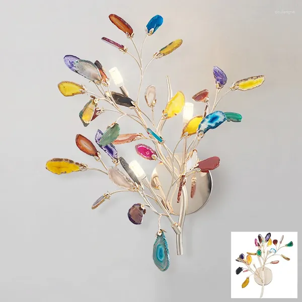 Lámpara de pared Arte decorativo moderno Flor LED Luz Sconce Mesita de noche Rama de árbol dorado Hoja Ágata Color Vidrio