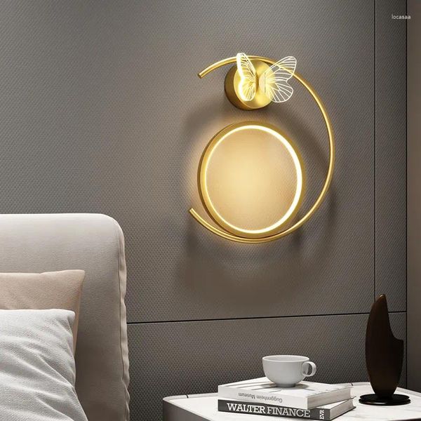 Lámpara de pared moderna para dormitorio, mesita de noche, habitación de niños, pasillo, sala de estar, luces de mariposa redondas de oro negro, diseño izquierdo y derecho