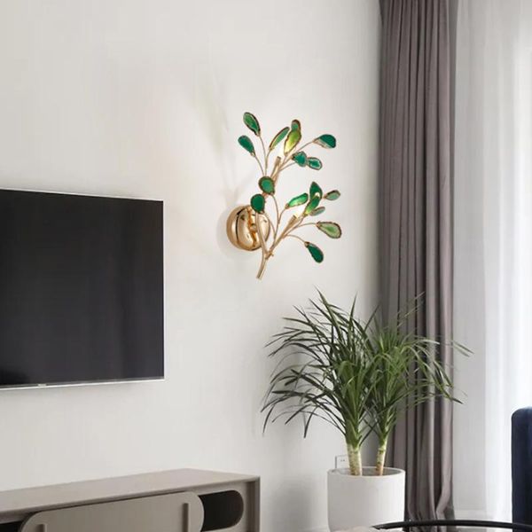 Applique murale moderne en métal doré branche flocons d'agate naturelle Led couleur applique lumière décoration de la maison luminaire d'intérieur