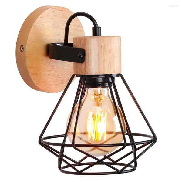 Lâmpada de parede moderna mini cabeceira madeira ferro gaiola luminária industrial retro arandela para quarto sala estar corredor varanda b