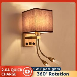 Wandlamp Moderne Nordic Met E27 2.0 Usb-poort 2 Spots Led Verlichting Voor Home Decor Nachtkastje Slaapkamer Lezen woonkamer El