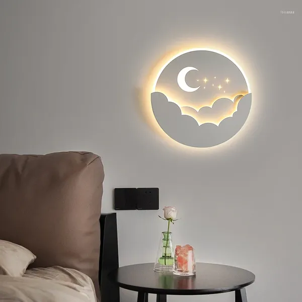 Lámpara de pared Lámparas modernas de luna y nube de estrellas para habitación de niños, luz de montaje para cabecera de dormitorio, luces de fondo de TV redondas para sala de estar