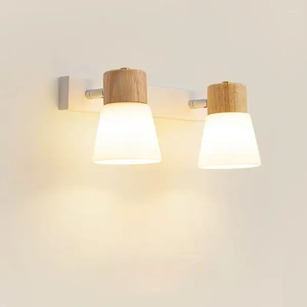 Lámpara de pared LED de madera moderna, aplique de vidrio blanco con leche de doble cabeza para dormitorio, sala de estar, estudio, comedor, decoración del hogar