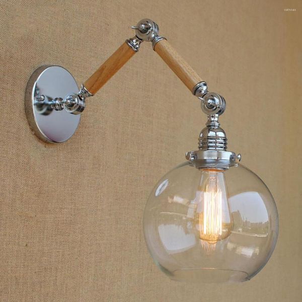 Lámpara de pared Swing Swing Attatable Wood Glass Shade Lectura E27/E26 LED Vintage Light para Restaurant Bedroom Cafe Bar