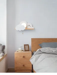 Wandlamp Nordic Cloud Houten Plank Met Trekschakelaar Kinderen Slaapkamer Nachtkastje Nachtlampje Studie Gang Blaker Led-armatuur