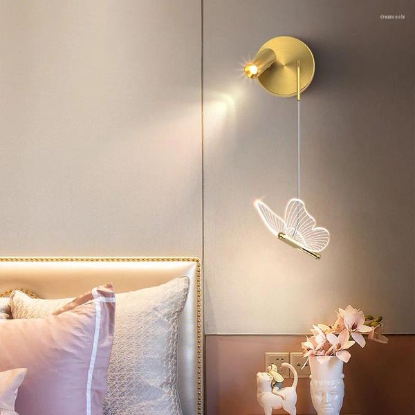 Lampe murale nordique papillon créatif avec projecteur chambre simple chambre simple tête de chevet petit lustre 2024
