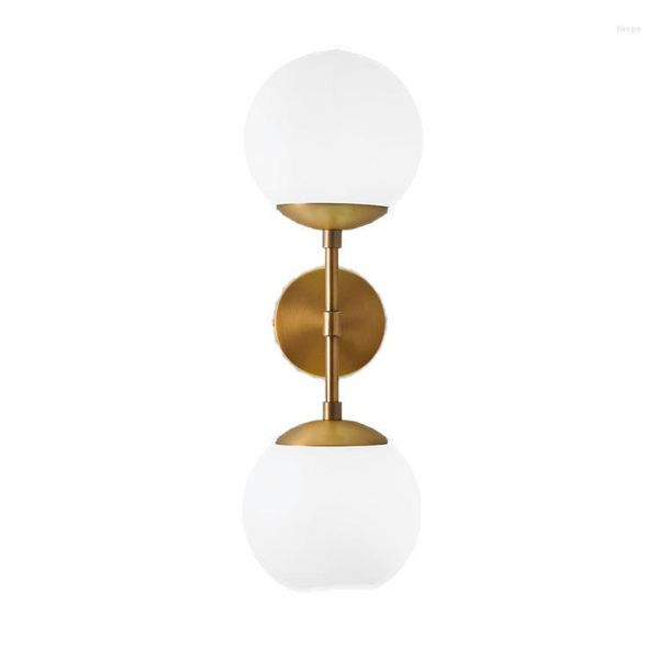 Applique Nordique Double Têtes Blanc Laiteux Verre Dépoli Boule Abat-Jour E27 LED Chambre Chevet Fer Forgé Doré Plaqué