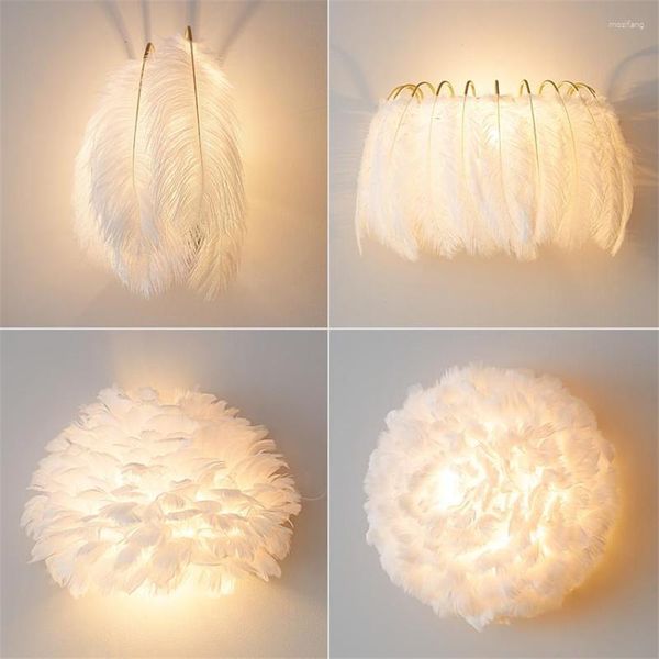 Lámpara de pared Lámparas blancas de plumas nórdicas Habitación de princesa Dormitorio Chica moderna Apliques de noche Luces Iluminación decorativa para niños