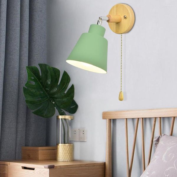 Lámpara de pared Lámparas de interior nórdicas DIY E27 Madera 6 colores Interruptor con cremallera Luces de 350 ° para el hogar Dormitorio Sala de estar Pasillo Aplique Blub Dec