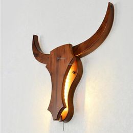 Wandlamp Nordic LED-verlichting Bull Head Massief houten decoratie Licht Gang Blaker Armatuur Slaapkamer Nachtkastje Thuis