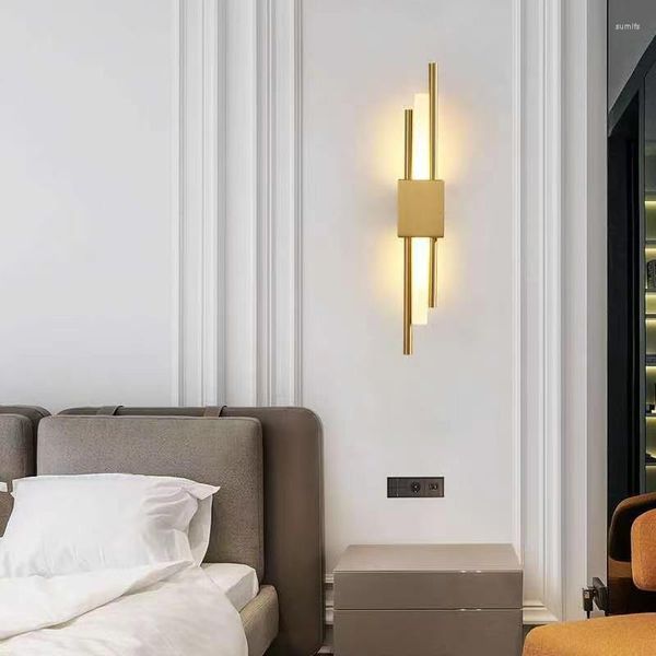 Lámpara de pared Nordic Luxury Art Deco Led Gold Copper Bed Side Dormitorio Sconce Tubo moderno Lámparas de sala de estar