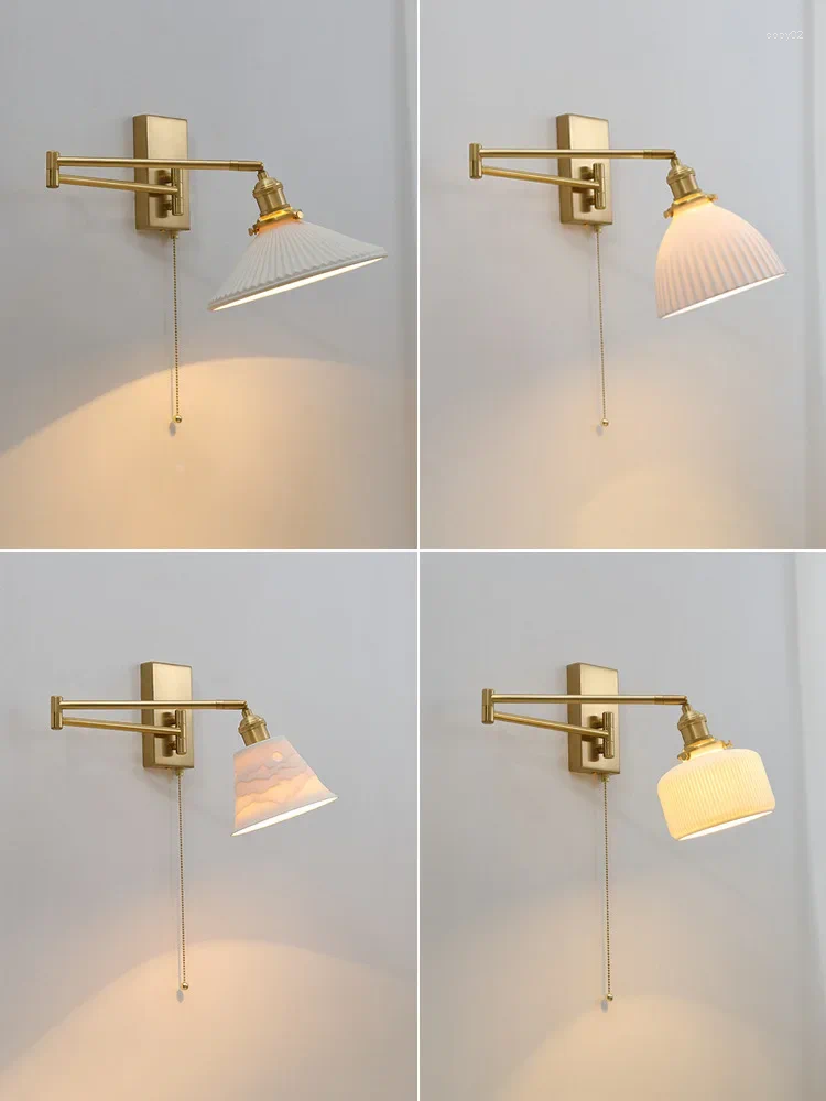 Lâmpada de parede Nordic Modern LED Sconce Esquerda Direita Girar Pull Chain Switch Quarto Restaurante Bar Ao lado da luz da escada de cerâmica