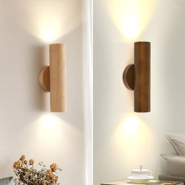 Lámpara de pared estilo nórdico madera sólida para comedor dormitorio vestíbulo chino arriba abajo doble cabeza Fondo pasillo luz Led