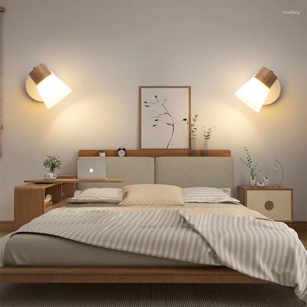 Lámpara de pared Lámparas de vidrio de madera nórdica para dormitorio, baño, sala de estar, estudio, LED moderno, decoración del hogar, iluminación de noche