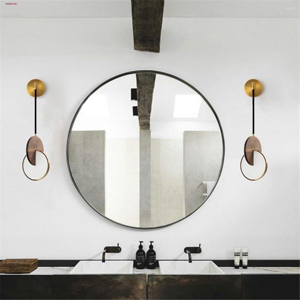 Lámpara de pared nórdica de madera redonda Led dormitorio cabecera baño espejo accesorios de iluminación interior decorativo pasillo luminaria Lustre