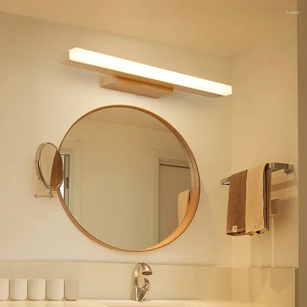 Lámpara de pared Norte de Europa Espejo LED de madera Luz frontal Moderno Dormitorio simple Mesita de noche Baño Maquillaje Mesa cosmética