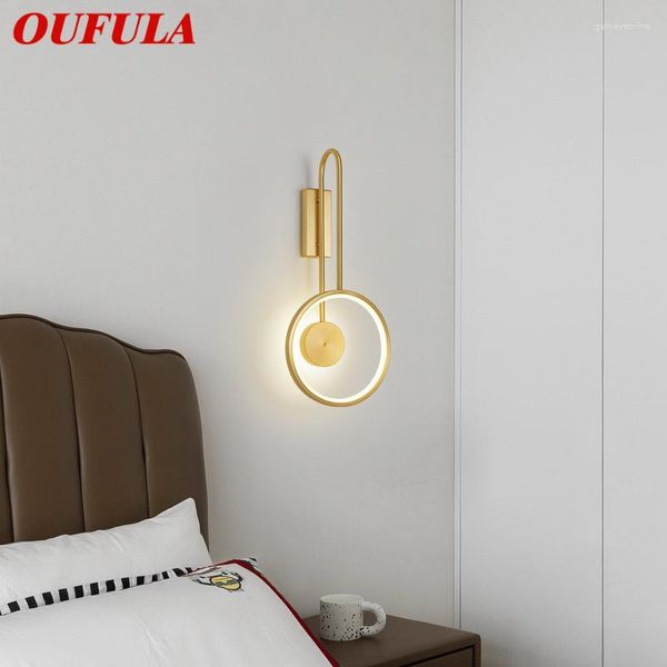 Lámpara de pared OUFULA Nordic Contemporary Gold Brass LED 3 colores Simply Creative Sconce Light para la decoración de la habitación de la cama del hogar