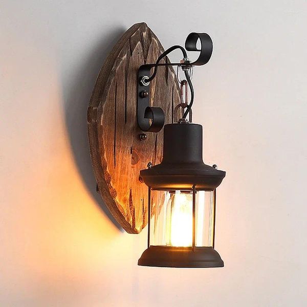Lámpara de pared Apliques LED para exteriores Loft antiguo Vidrio de madera Vintage Industrial Retro Aplique para dormitorio Restaurante Cafe Bar