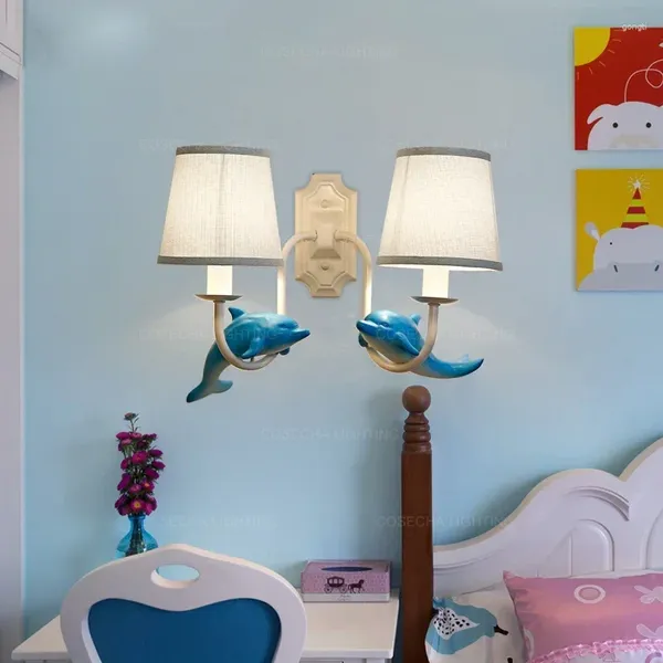 Lámpara de pared con luces rosadas y pantalla de tela para habitación de niños, lámparas azules bonitas, aplique decorativo de animales con delfines para bebés