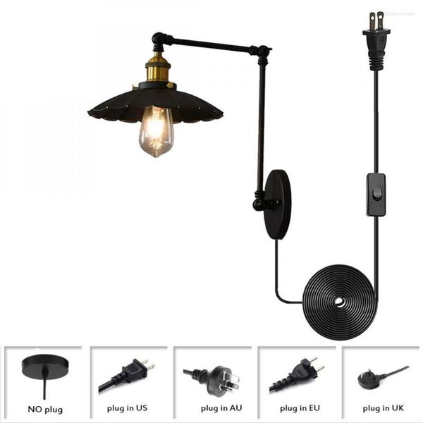 Lámpara de pared Enchufe Aplique Brazo oscilante Luces de metal industriales negras con cable Lámpara retro