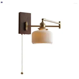 Wandlamp trekketting schakelaar LED naast slaapkamer woonkamer lichte arm links rechts houten luifel applique murale