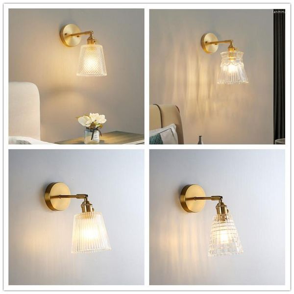 Lámpara de pared Retro Latón Moderno Nórdico Pequeño Pantalla de vidrio Mesita de noche Espejo de baño simple Luz frontal Cobre con interruptor Sconce