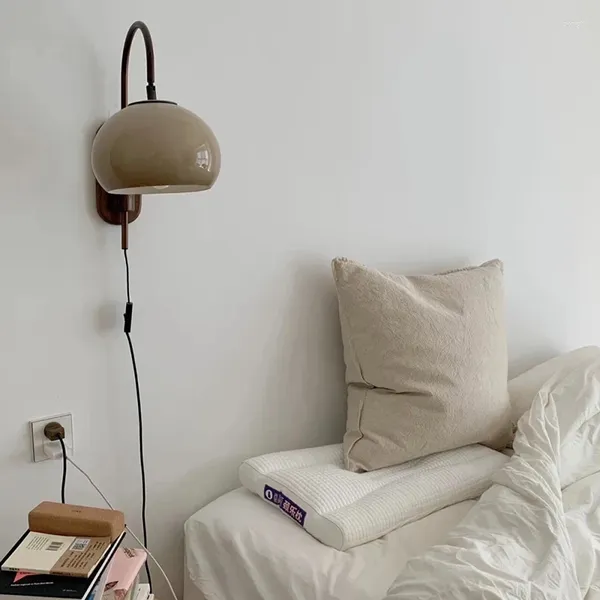 Lámpara de pared de vidrio retro con enchufe, creativo, de madera maciza, para dormitorio, mesita de noche, estudio, sala de estar, decoración, atmósfera